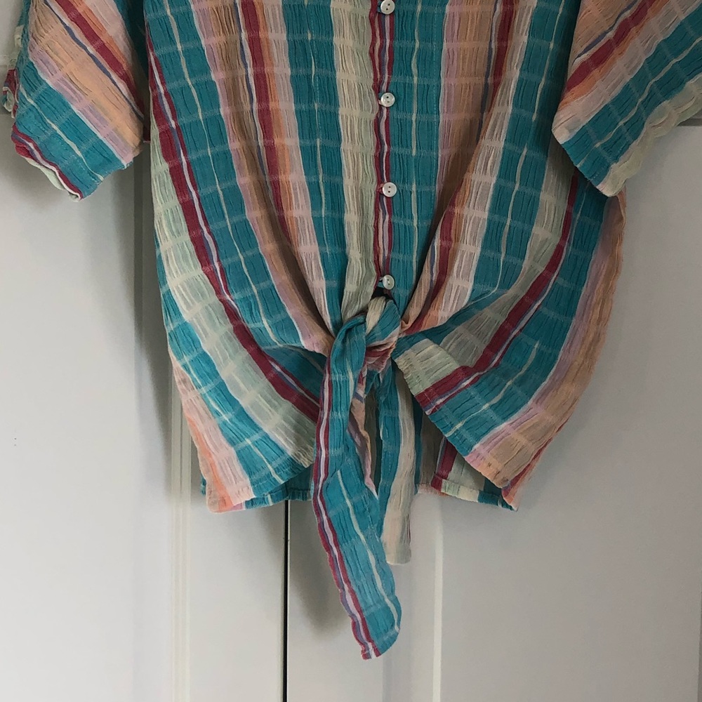 NWT En Creme Striped Gauze Button Down Tie Front Top, Size Large - Picture 5 of 13